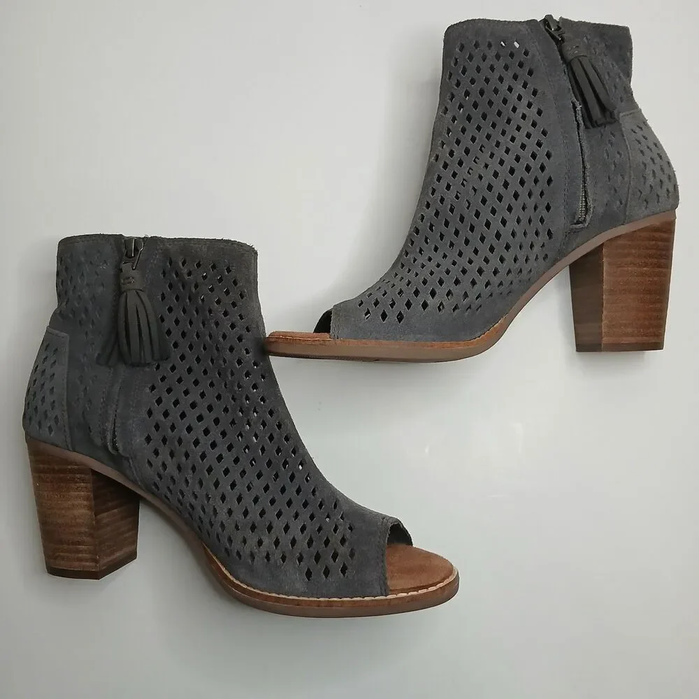 TOMS Women's Majorca Boots Size 8.5 Block Heel Open Toe Grey Suede Boho Shoes‎